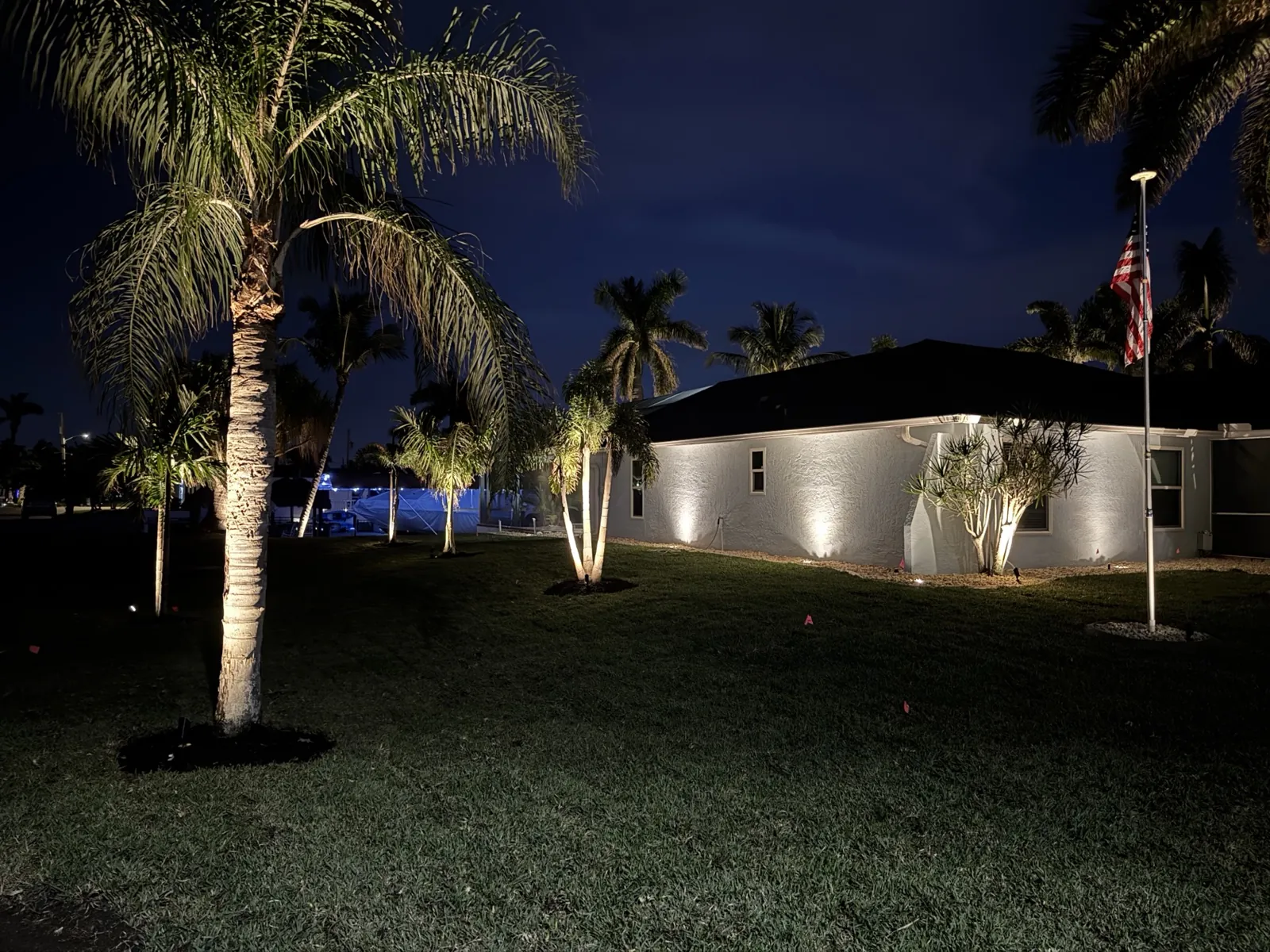 Landscape lighting uplit palms home, Cape Coral, Florida, by Blue Collar Q